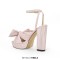 Peep Toe Chunky Heels Bow Knot Low Platforms Summer Sandals - Pink Fabric