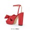 Peep Toe Chunky Heels Bow Knot Low Platforms Summer Sandals - Red Fabric