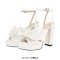 Peep Toe Chunky Heels Bow Knot Low Platforms Summer Sandals - White Fabric