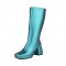 Square Toe Chunky Heels Metallic Pastel Platforms Knee High Zipper Boots - Blue