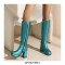 Square Toe Chunky Heels Metallic Pastel Platforms Knee High Zipper Boots - Blue