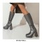 Square Toe Chunky Heels Metallic Pastel Platforms Knee High Zipper Boots - Gray