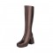 Square Toe Chunky Heels Metallic Pastel Platforms Knee High Zipper Boots - Gun Brown