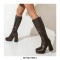 Square Toe Chunky Heels Metallic Pastel Platforms Knee High Zipper Boots - Gun Brown