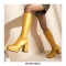 Square Toe Chunky Heels Metallic Pastel Platforms Knee High Zipper Boots - Yellow