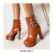 Round Toe Chunky Heels Ankle Buckle Straps Boots with Side Zipper - Auburn