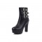 Round Toe Chunky Heels Ankle Buckle Straps Boots with Side Zipper - Black