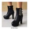 Round Toe Chunky Heels Ankle Buckle Straps Boots with Side Zipper - Black