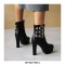 Round Toe Chunky Heels Ankle Buckle Straps Boots with Side Zipper - Black