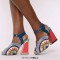 Peep Toe Chunky Heels Ankle Buckle Straps Colorful Ethnic Pattern Stylish Sandals - Multicolor Leather