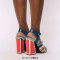 Peep Toe Chunky Heels Ankle Buckle Straps Colorful Ethnic Pattern Stylish Sandals - Multicolor Leather