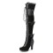 Round Toe Cuban Block Heels Lace Up Knee Highs Bow Decorated Ove The Knee Thigh Highs Boots - Black Flock
