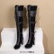 Round Toe Cuban Block Heels Lace Up Knee Highs Bow Decorated Ove The Knee Thigh Highs Boots - Black Flock