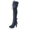 Round Toe Cuban Block Heels Lace Up Knee Highs Bow Decorated Ove The Knee Thigh Highs Boots - Blue Flock