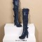 Round Toe Cuban Block Heels Lace Up Knee Highs Bow Decorated Ove The Knee Thigh Highs Boots - Blue Flock
