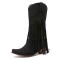 Pointed Toe Knee High Chunky Heels Western Style Tassel Cowboy Boots - Black Flock