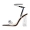 Pointed Open Toe Rhinestone Bow Clear Transparent Chunky Heels Ankle Straps Sandals - Black Patent
