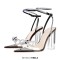Pointed Open Toe Rhinestone Bow Clear Transparent Chunky Heels Ankle Straps Sandals - Black Patent