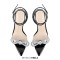 Pointed Open Toe Rhinestone Bow Clear Transparent Chunky Heels Ankle Straps Sandals - Black Patent
