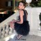 Pointed Open Toe Rhinestone Bow Clear Transparent Chunky Heels Ankle Straps Sandals - Black Patent