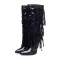 Pointed Toe Stiletto Heels Knee Highs Rhinestone Fringed Boots - Black Patent