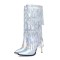 Pointed Toe Stiletto Heels Knee Highs Rhinestone Fringed Boots - Silver Patent