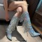 Pointed Toe Stiletto Heels Knee Highs Rhinestone Fringed Boots - Silver Patent