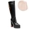 Pointed Toe Chunky Heels Platforms Flame Printed Knee High Side Zipper Boots - Black