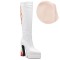 Pointed Toe Chunky Heels Platforms Flame Printed Knee High Side Zipper Boots - White