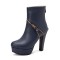 Round Toe Metal Link Decoration Platforms Ankle Highs Block Heels Boots - Blue Faux Leather