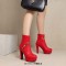 Round Toe Metal Link Decoration Platforms Ankle Highs Block Heels Boots - Red Faux Leather