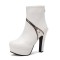 Round Toe Metal Link Decoration Platforms Ankle Highs Block Heels Boots - White Faux Leather