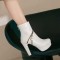 Round Toe Metal Link Decoration Platforms Ankle Highs Block Heels Boots - White Faux Leather