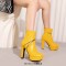 Round Toe Metal Link Decoration Platforms Ankle Highs Block Heels Boots - Yellow Faux Leather