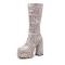 Round Toe Block Heels Platforms Zipper Leopard Knee Highs Platform Boots - Beige Flannel Fabric