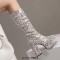 Round Toe Block Heels Platforms Zipper Leopard Knee Highs Platform Boots - Beige Flannel Fabric