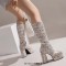 Round Toe Block Heels Platforms Zipper Leopard Knee Highs Platform Boots - Beige Flannel Fabric