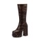 Round Toe Block Heels Platforms Zipper Leopard Knee Highs Platform Boots - Black Flannel Fabric