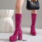 Round Toe Block Heels Platforms Zipper Leopard Knee Highs Platform Boots - Rose Flannel Fabric