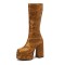 Round Toe Block Heels Platforms Zipper Leopard Knee Highs Platform Boots - Yellow Flannel Fabric