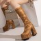 Round Toe Block Heels Platforms Zipper Leopard Knee Highs Platform Boots - Yellow Flannel Fabric