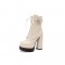 Round Toe Chunky Heels Side Zipper Platforms Ankle Straps LaceUp Boots - Beige