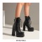 Round Toe Chunky Heels Side Zipper Platforms Ankle Straps LaceUp Boots - Black