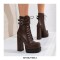 Round Toe Chunky Heels Side Zipper Platforms Ankle Straps LaceUp Boots - Brown