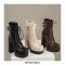 Round Toe Chunky Heels Side Zipper Platforms Ankle Straps LaceUp Boots - Beige