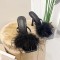 Square Open Toe Fluffy Furry Summer Slides Stiletto Sandals - Black Patent