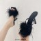 Square Open Toe Fluffy Furry Summer Slides Stiletto Sandals - Black Patent