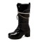 Round Toe Metal Chain String Bead Knee Highs Lace Up Chunky Heels Boots - Black Patent