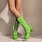 Round Toe Metal Chain String Bead Knee Highs Lace Up Chunky Heels Boots - Green Patent