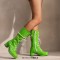 Round Toe Metal Chain String Bead Knee Highs Lace Up Chunky Heels Boots - Green Patent